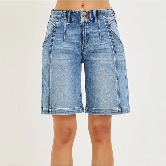 RISEN 2-Button Slouchy Bermuda Long Jean Shorts Pockets sz Large - Picture 4 of 8